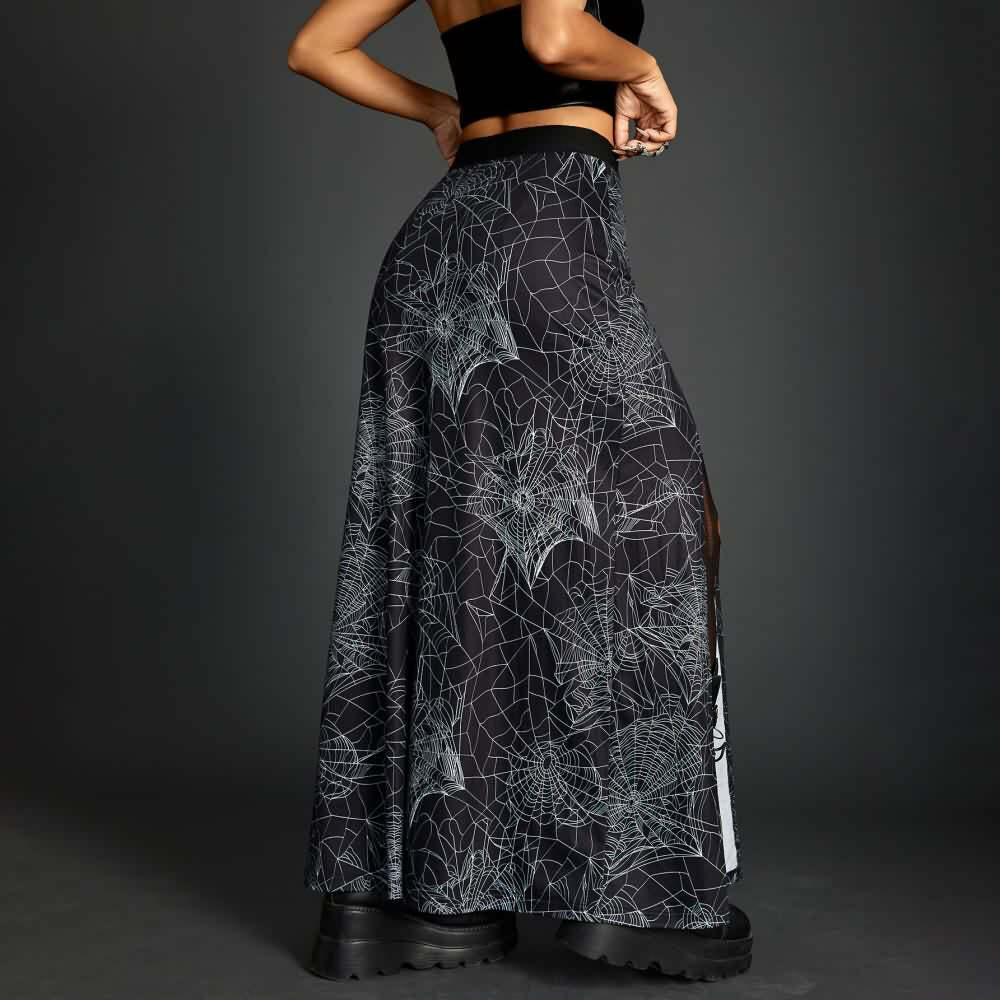 Y2K Goth Spider Web Slit Maxi Skirt - Retro 90s Grunge Summer Outfit for Women