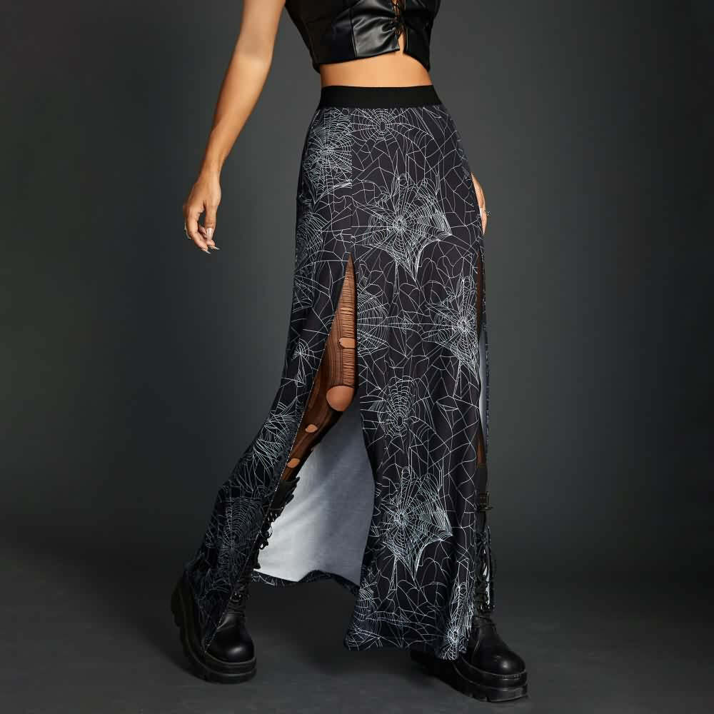 Y2K Goth Spider Web Slit Maxi Skirt - Retro 90s Grunge Summer Outfit for Women