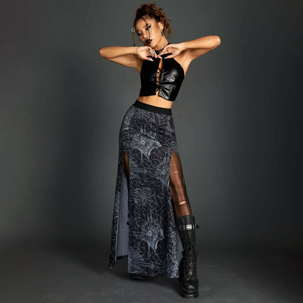 Y2K Goth Spider Web Slit Maxi Skirt - Retro 90s Grunge Summer Outfit for Women