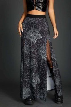 Y2K Goth Spider Web Slit Maxi Skirt - Retro 90s Grunge Summer Outfit for Women