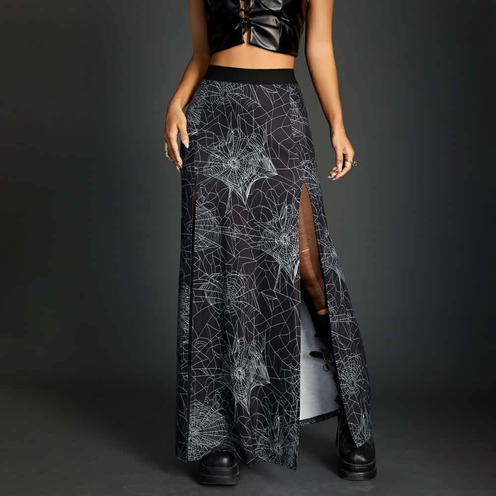 Y2K Goth Spider Web Slit Maxi Skirt - Retro 90s Grunge Summer Outfit for Women