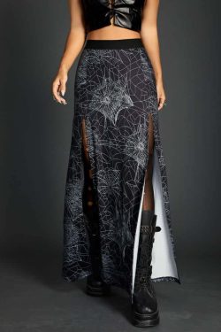 Y2K Goth Spider Web Slit Maxi Skirt - Retro 90s Grunge Summer Outfit for Women
