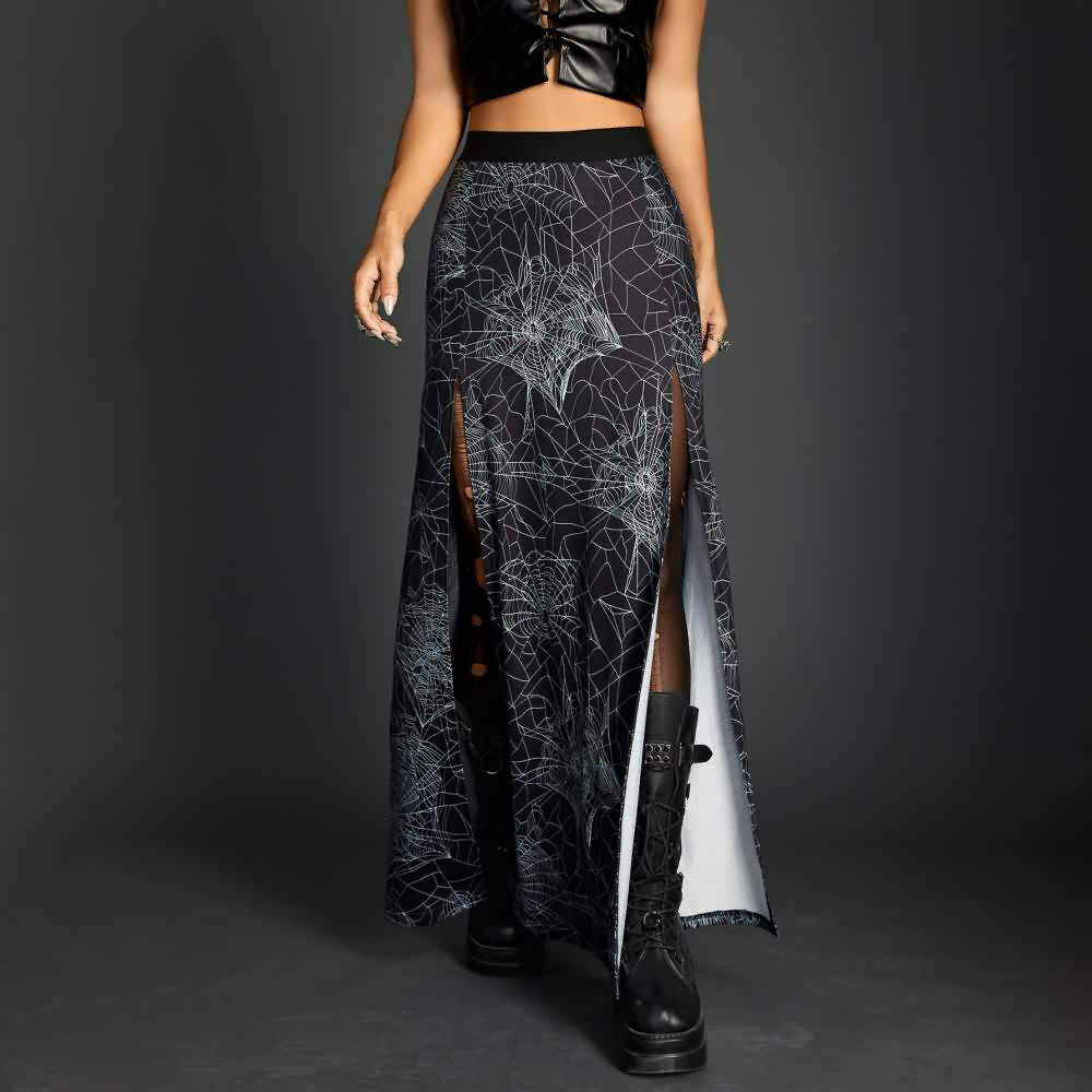 Y2K Goth Spider Web Slit Maxi Skirt - Retro 90s Grunge Summer Outfit for Women