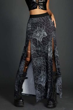 Y2K Goth Spider Web Slit Maxi Skirt - Retro 90s Grunge Summer Outfit for Women