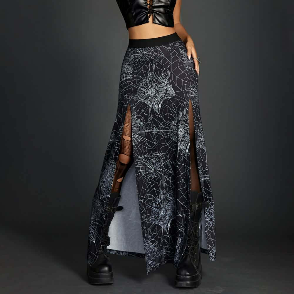 Y2K Goth Spider Web Slit Maxi Skirt - Retro 90s Grunge Summer Outfit for Women
