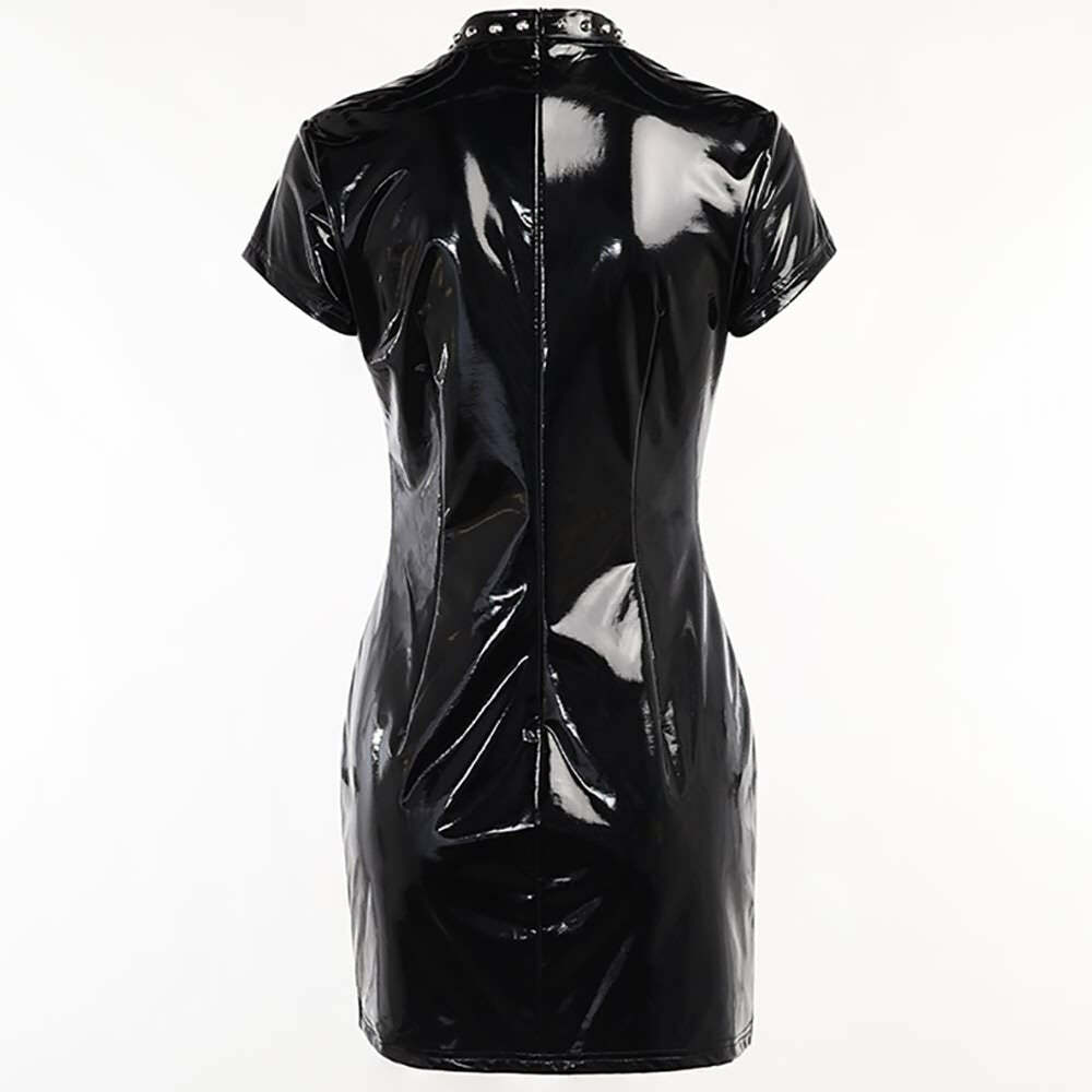Y2K Goth Studded Latex Bodycon Dress, Punk Night Club Party Outfit, 90s Grunge Fashion