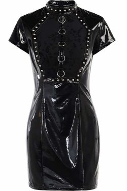 Y2K Goth Studded Latex Bodycon Dress, Punk Night Club Party Outfit, 90s Grunge Fashion