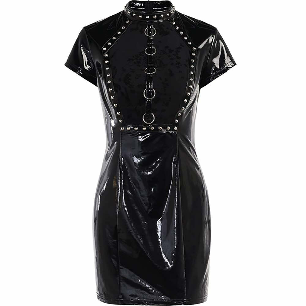 Y2K Goth Studded Latex Bodycon Dress, Punk Night Club Party Outfit, 90s Grunge Fashion