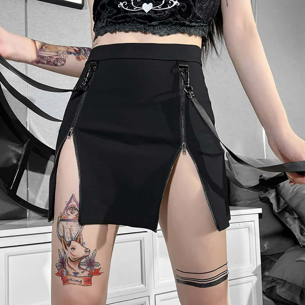 Y2K Goth Zip Slit Mini Skirt - Retro 90s Grunge, Summer Party, Club & Popstar Outfits