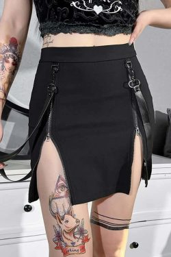 Y2K Goth Zip Slit Mini Skirt - Retro 90s Grunge, Summer Party, Club & Popstar Outfits