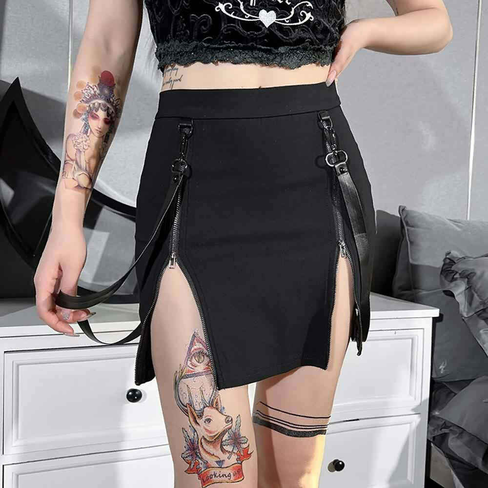 Y2K Goth Zip Slit Mini Skirt - Retro 90s Grunge, Summer Party, Club & Popstar Outfits