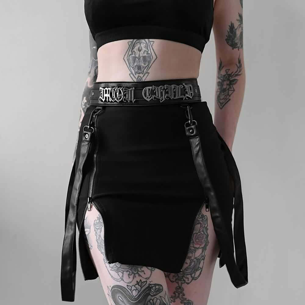Y2K Goth Zip Slit Mini Skirt - Retro 90s Grunge, Summer Party, Club & Popstar Outfits