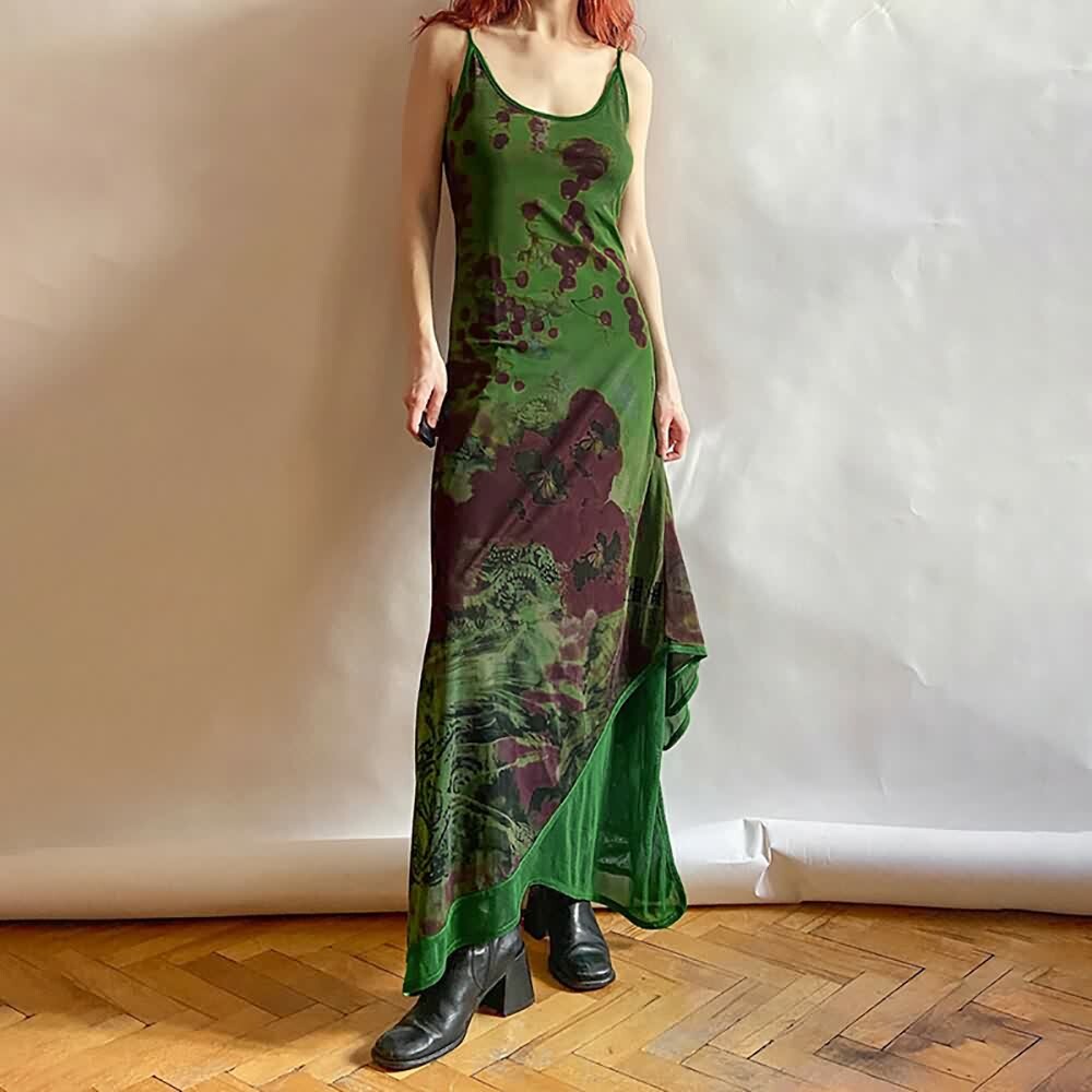 Y2K Gothic Abstract Green Mesh Maxi Dress - 90s Grunge Summer Outfit, Retro Party Fashion