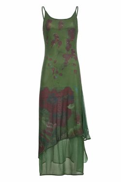 Y2K Gothic Abstract Green Mesh Maxi Dress - 90s Grunge Summer Outfit, Retro Party Fashion