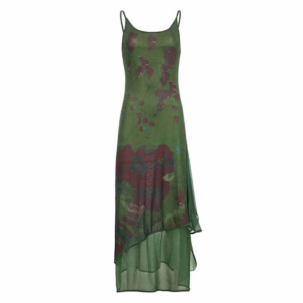 Y2K Gothic Abstract Green Mesh Maxi Dress - 90s Grunge Summer Outfit, Retro Party Fashion