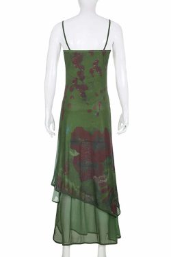Y2K Gothic Abstract Green Mesh Maxi Dress - 90s Grunge Summer Outfit, Retro Party Fashion