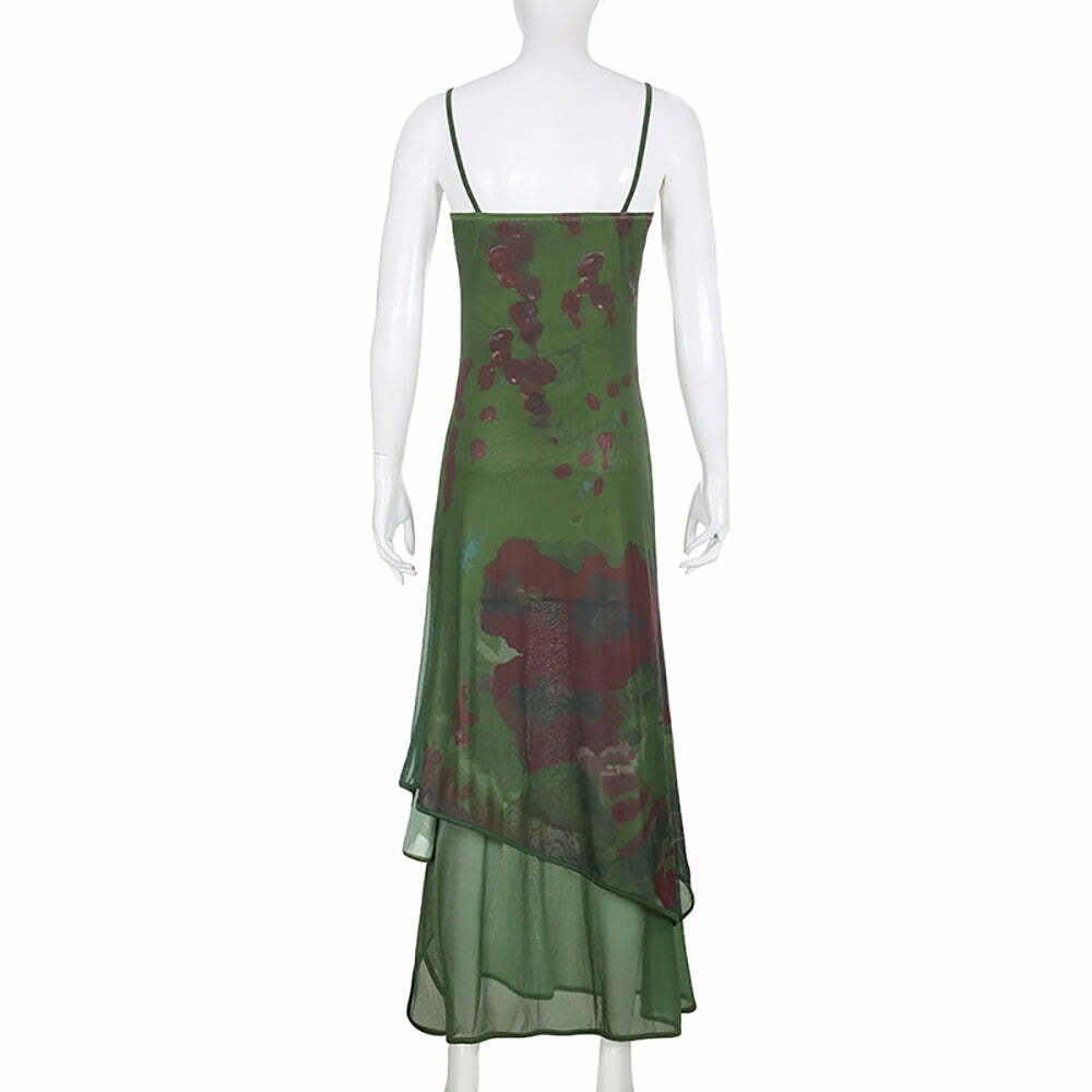 Y2K Gothic Abstract Green Mesh Maxi Dress - 90s Grunge Summer Outfit, Retro Party Fashion