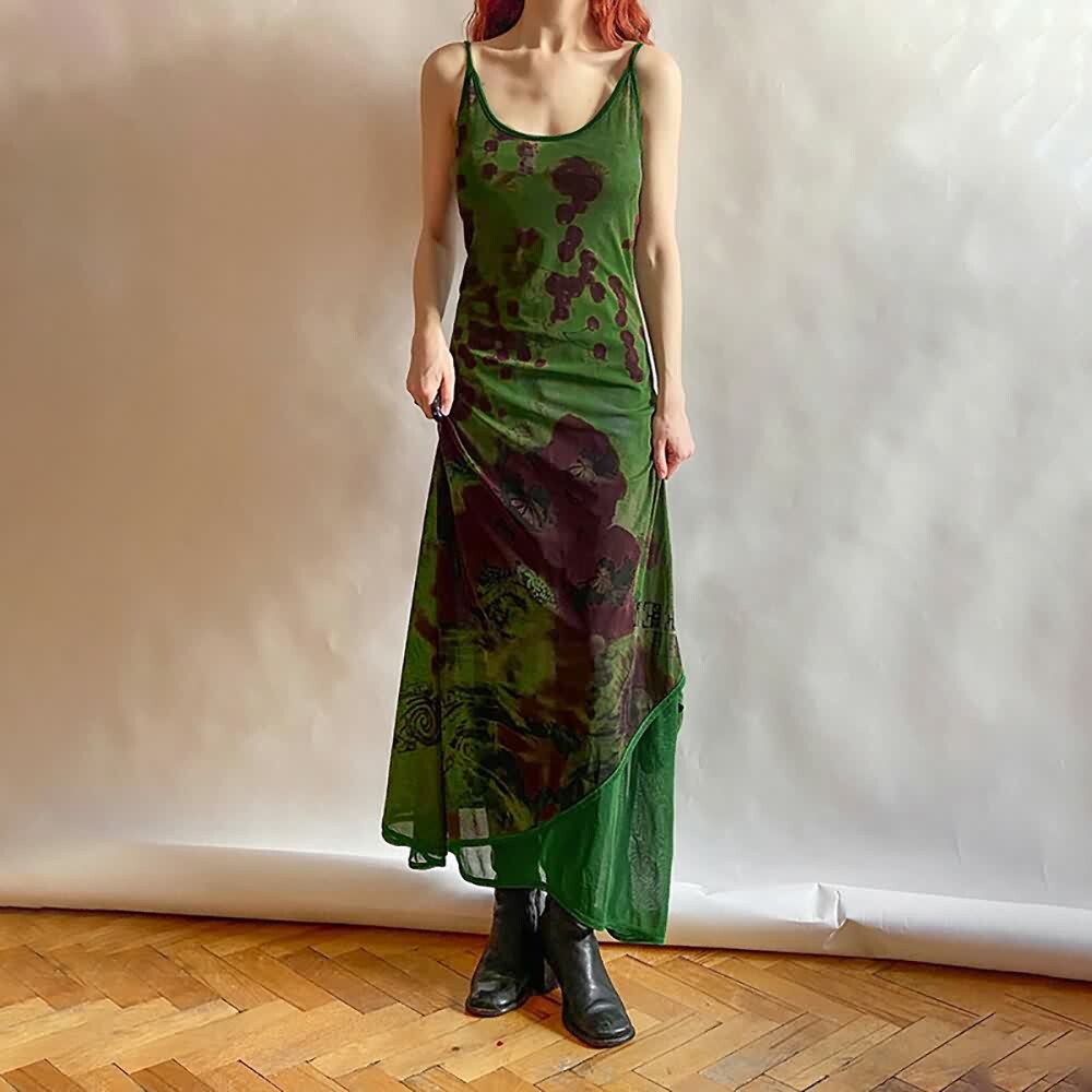 Y2K Gothic Abstract Green Mesh Maxi Dress - 90s Grunge Summer Outfit, Retro Party Fashion