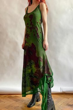 Y2K Gothic Abstract Green Mesh Maxi Dress - 90s Grunge Summer Outfit, Retro Party Fashion