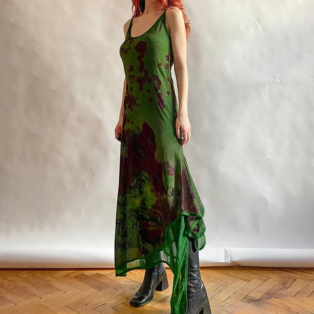 Y2K Gothic Abstract Green Mesh Maxi Dress - 90s Grunge Summer Outfit, Retro Party Fashion