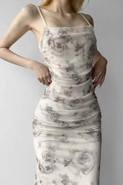 Y2K Gothic Abstract Rose Mesh Maxi Dress - 90s Grunge Summer Outfit, Retro Y2K Fashion