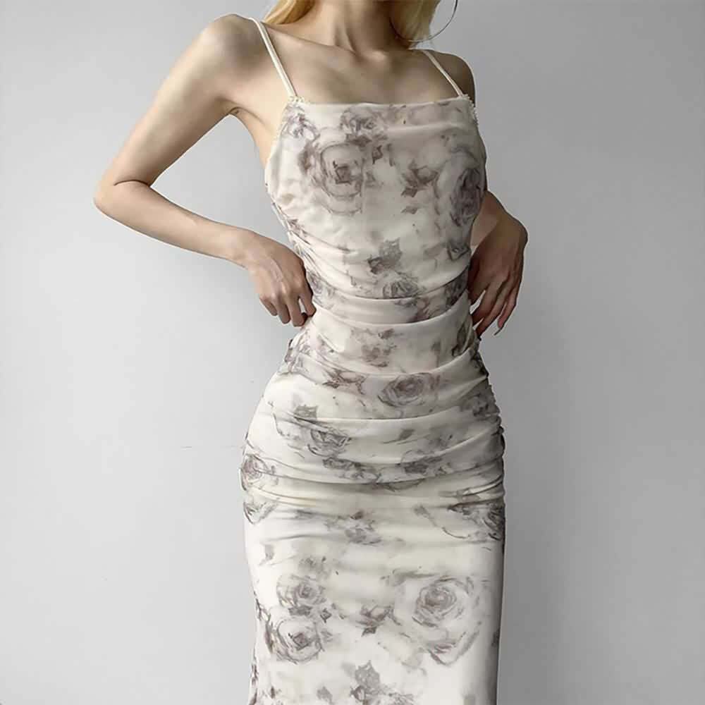 Y2K Gothic Abstract Rose Mesh Maxi Dress - 90s Grunge Summer Outfit, Retro Y2K Fashion