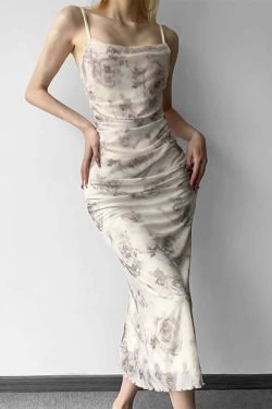 Y2K Gothic Abstract Rose Mesh Maxi Dress - 90s Grunge Summer Outfit, Retro Y2K Fashion