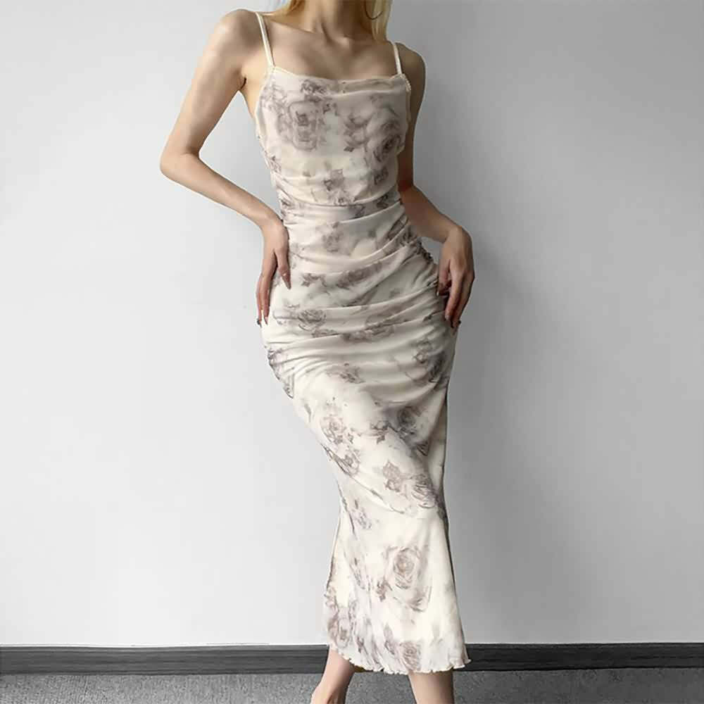 Y2K Gothic Abstract Rose Mesh Maxi Dress - 90s Grunge Summer Outfit, Retro Y2K Fashion