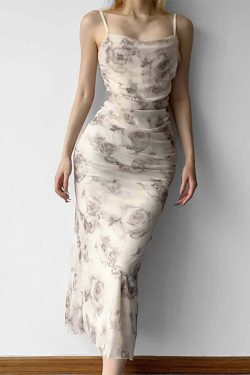 Y2K Gothic Abstract Rose Mesh Maxi Dress - 90s Grunge Summer Outfit, Retro Y2K Fashion