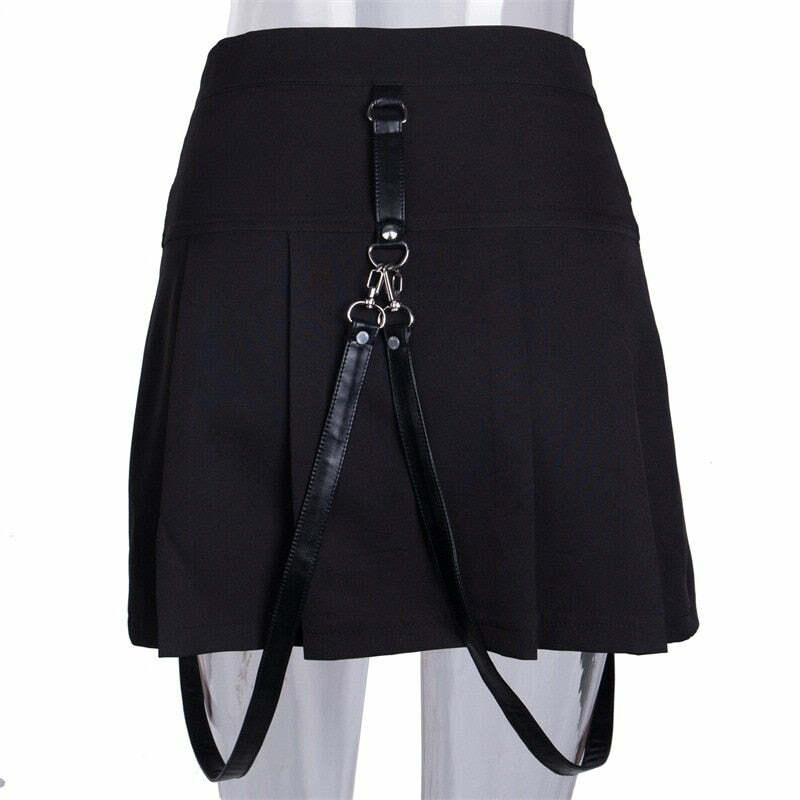 Y2K Gothic Aesthetic Black Skirt with Straps - Perfect for 90s Grunge and Retro Summer Outfits
