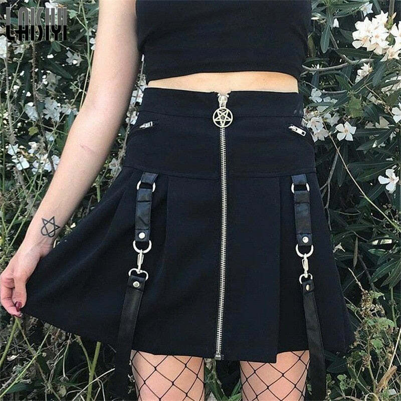 Y2K Gothic Aesthetic Black Skirt with Straps - Perfect for 90s Grunge and Retro Summer Outfits