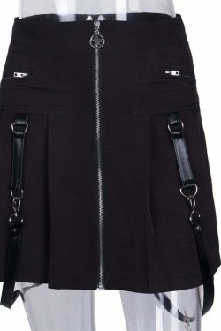 Y2K Gothic Aesthetic Black Skirt with Straps - Perfect for 90s Grunge and Retro Summer Outfits