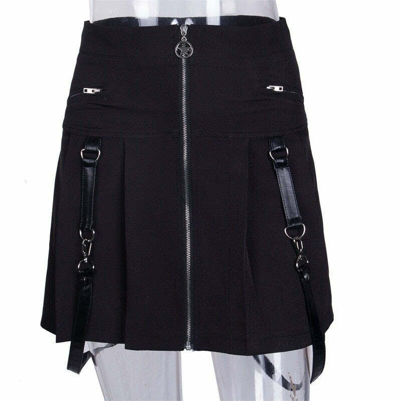 Y2K Gothic Aesthetic Black Skirt with Straps - Perfect for 90s Grunge and Retro Summer Outfits
