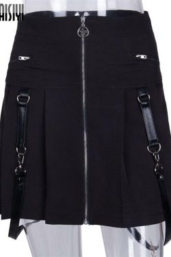 Y2K Gothic Aesthetic Black Skirt with Straps - Perfect for 90s Grunge and Retro Summer Outfits