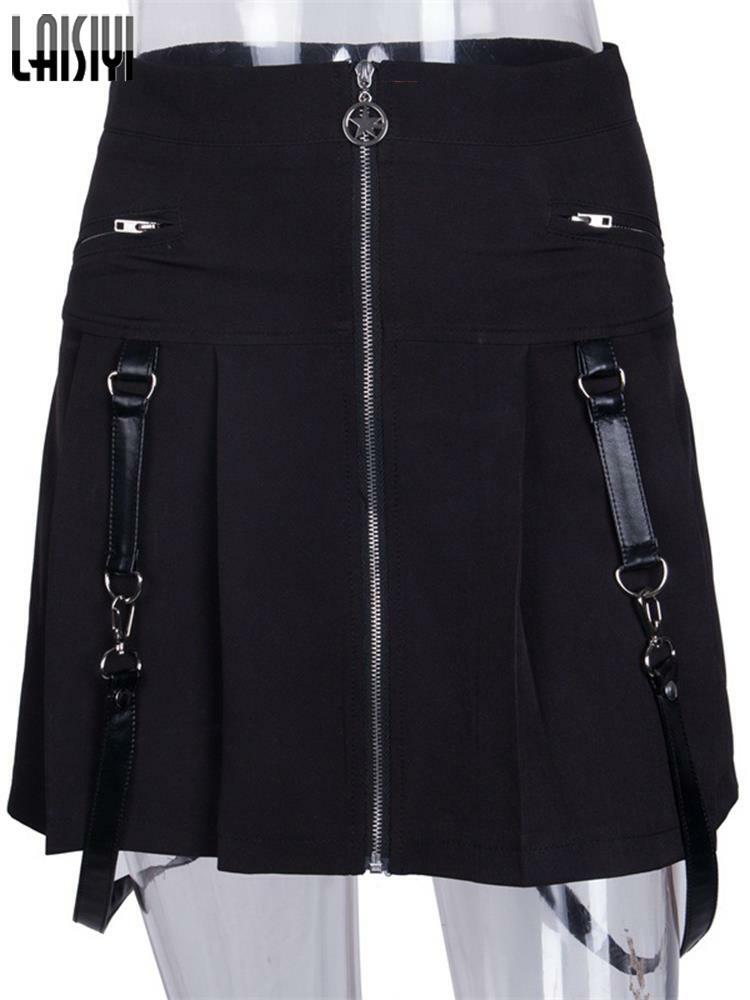 Y2K Gothic Aesthetic Black Skirt with Straps - Perfect for 90s Grunge and Retro Summer Outfits