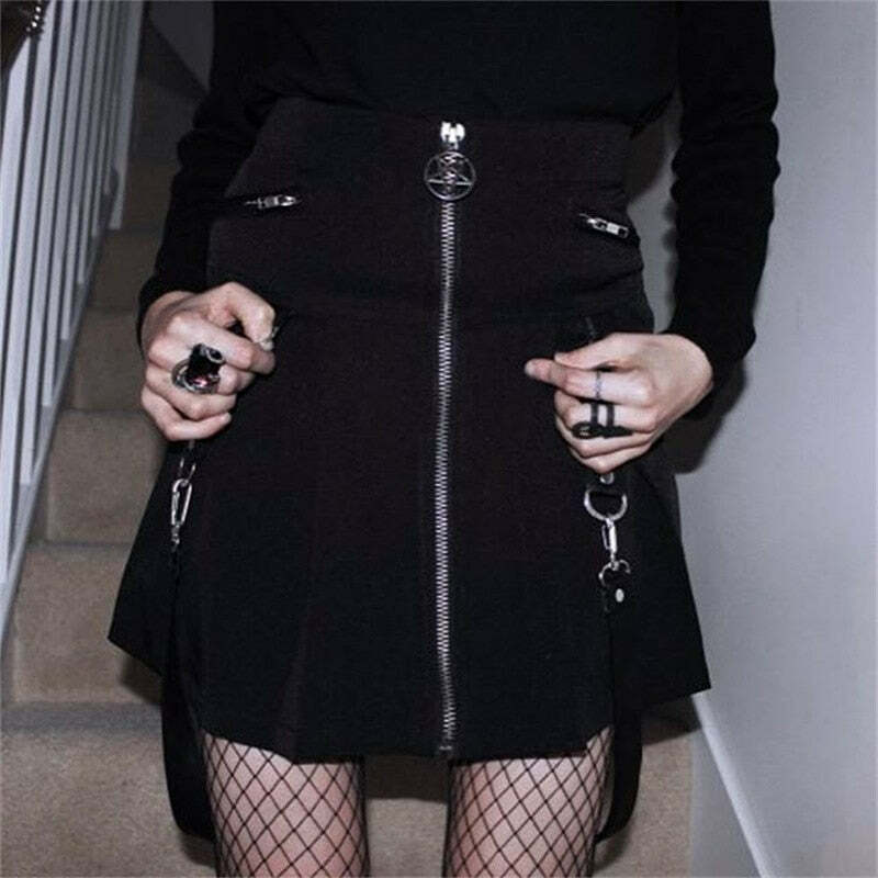 Y2K Gothic Aesthetic Black Skirt with Straps - Perfect for 90s Grunge and Retro Summer Outfits