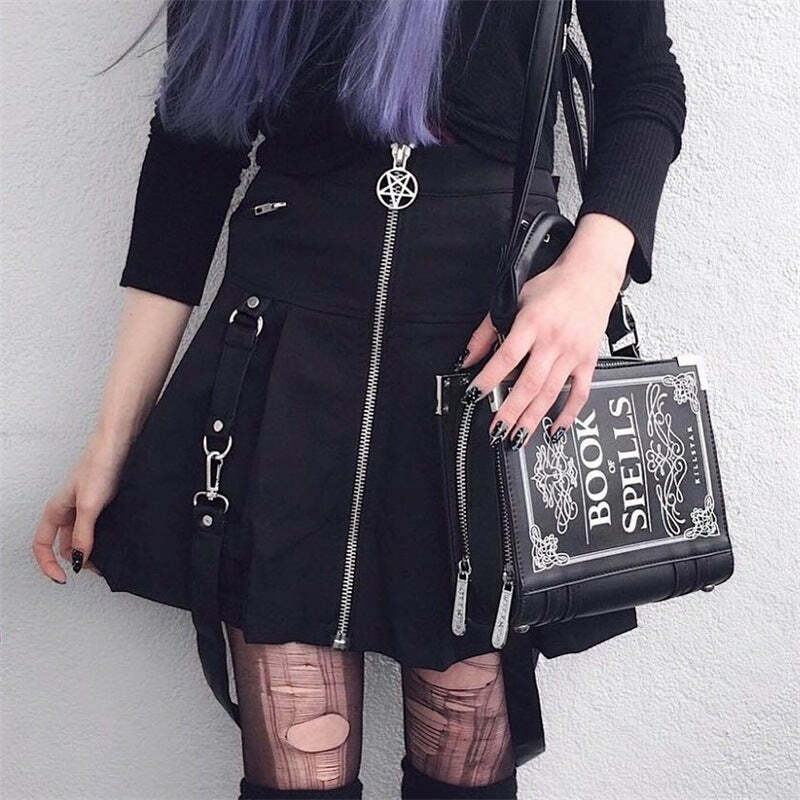 Y2K Gothic Aesthetic Black Skirt with Straps - Perfect for 90s Grunge and Retro Summer Outfits