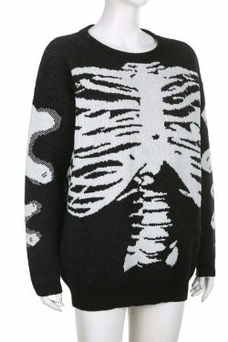 Y2K Gothic Aesthetic Skeleton Sweater - Retro 90s Grunge, Pastel Goth, Y2K Fashion Outfit