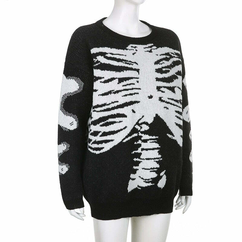 Y2K Gothic Aesthetic Skeleton Sweater - Retro 90s Grunge, Pastel Goth, Y2K Fashion Outfit