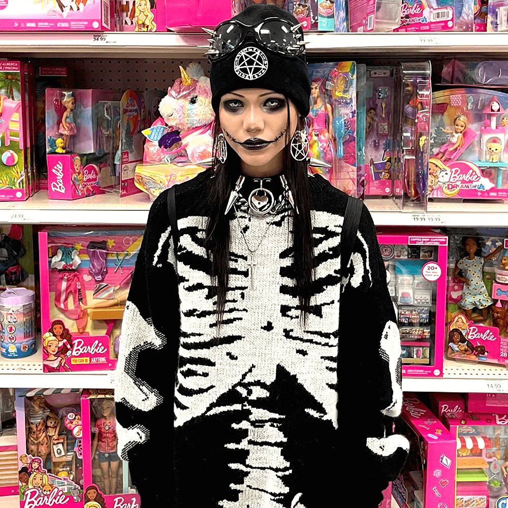 Y2K Gothic Aesthetic Skeleton Sweater - Retro 90s Grunge, Pastel Goth, Y2K Fashion Outfit