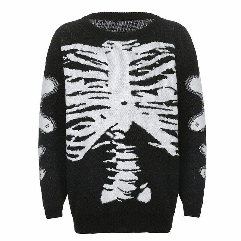 Y2K Gothic Aesthetic Skeleton Sweater - Retro 90s Grunge, Pastel Goth, Y2K Fashion Outfit