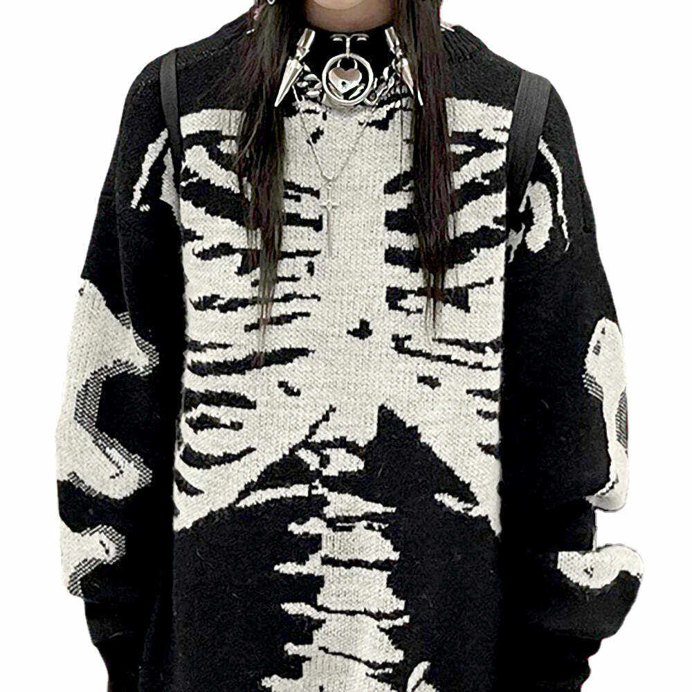 Y2K Gothic Aesthetic Skeleton Sweater - Retro 90s Grunge, Pastel Goth, Y2K Fashion Outfit