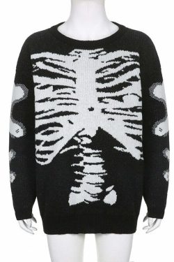 Y2K Gothic Aesthetic Skeleton Sweater - Retro 90s Grunge, Pastel Goth, Y2K Fashion Outfit
