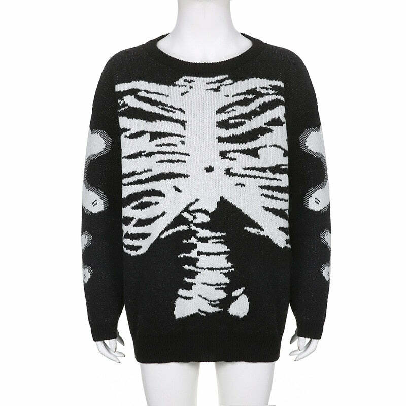 Y2K Gothic Aesthetic Skeleton Sweater - Retro 90s Grunge, Pastel Goth, Y2K Fashion Outfit