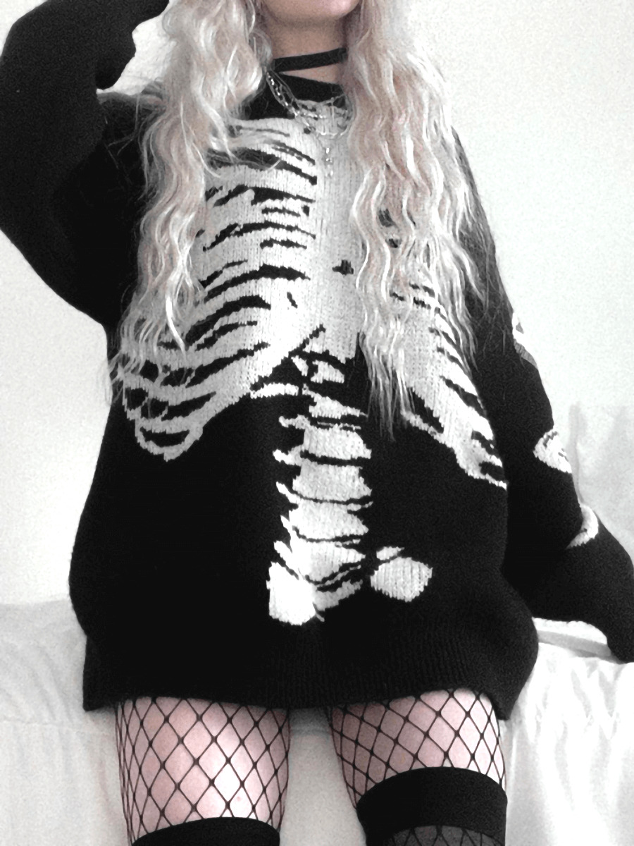 Y2K Gothic Aesthetic Skeleton Sweater - Retro 90s Grunge, Pastel Goth, Y2K Fashion Outfit
