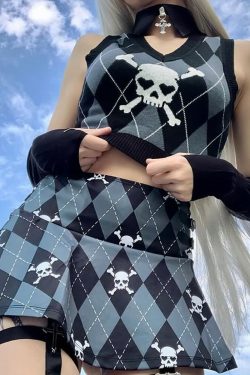 Y2K Gothic Argyle Skull Sweater Vest - Retro 90s Grunge Fashion for Women