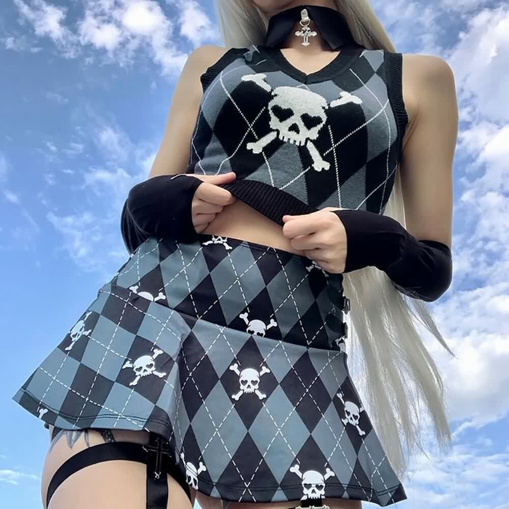 Y2K Gothic Argyle Skull Sweater Vest - Retro 90s Grunge Fashion for Women
