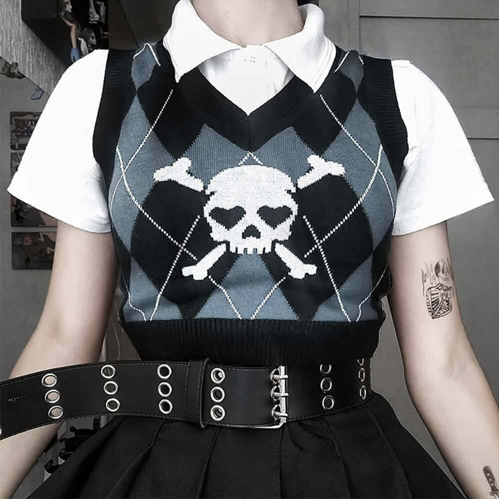 Y2K Gothic Argyle Skull Sweater Vest - Retro 90s Grunge Fashion for Women