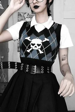 Y2K Gothic Argyle Skull Sweater Vest - Retro 90s Grunge Fashion for Women