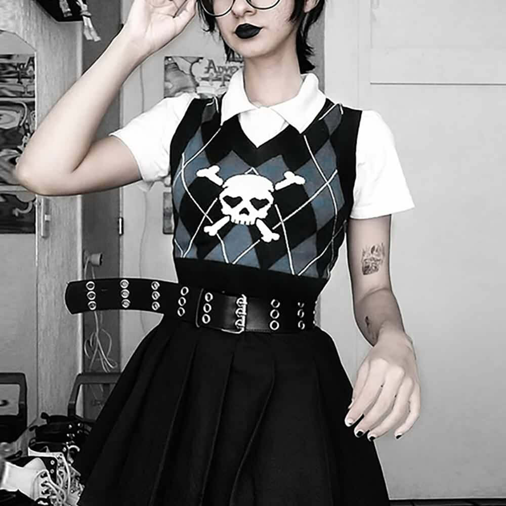 Y2K Gothic Argyle Skull Sweater Vest - Retro 90s Grunge Fashion for Women